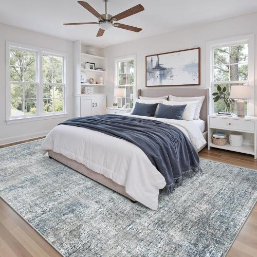 9x12 Washable Rug for Living Room - Abstract Large Rugs for Bedroom, Indoor Non-Slip Soft Carpet,Blue Gray