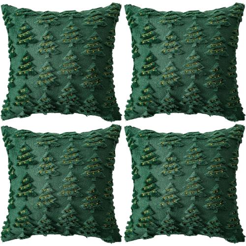 4 Pcs Christmas Throw Pillow Covers 18x18, Soft Faux Fur Pillow Cases Holiday Decorations, Fluffy Plush Accent Couch Cushion Case for Festivals Winter Sofa Living Room Home Decor(Green Tree)