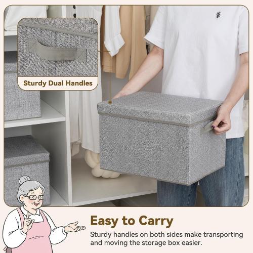 GRANNY SAYS Fabric Boxes with Lids, Storage Bins with Handles, Shelf Bins for Organizing, Extra Large Storage Boxes for Linens Clothes, Decorative Storage Containers, Gray, 3-Pack