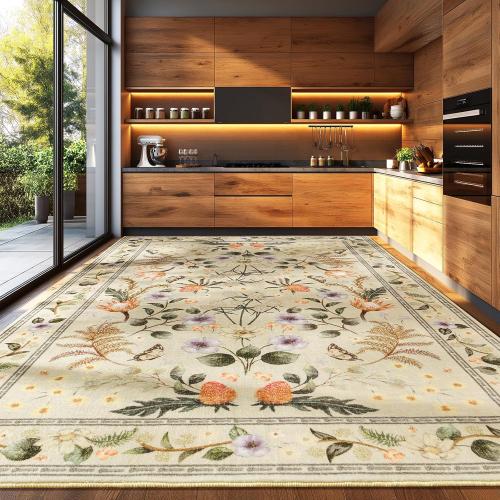 Area Rugs for Living Room, Washable 5x7 Vintage Rug for Bedroom, Non-Slip Floral Carpet for Home Office Nursery Dining Room Kitchen, Beige