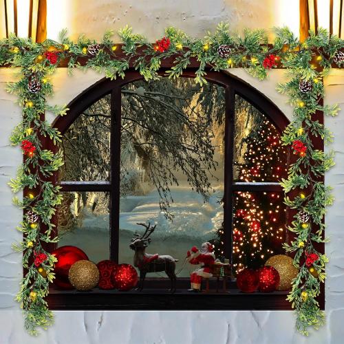 6 FT Artificial Christmas Garland, Faux Cypress Leaf Evergreen Garland with 20 LED Lights, Red Berries and Pinecones, Green-Yellow Leaves, Timer, Perfect for Indoor Outdoor Window Mantel