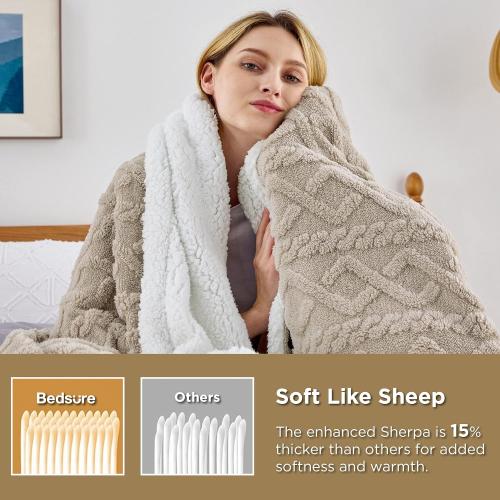Bedsure Sherpa Fleece Throw Blanket for Couch - Soft Fluffy & Cozy Cable Jacquard Tufted Throw Blankets for Women Gift, Thick Warm Blanket for Winter and All Seasons, Beige, Large