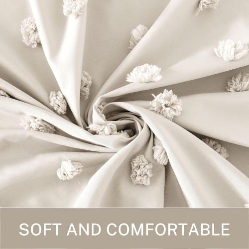 Size 72x72 Color White Boho Farmhouse Beige Shower Curtain, 72 x 72 Tufted Pleat Floral Puffs Textured Modern Farmhouse Minimalist Shower Curtain Set with Hooks for Bathroom