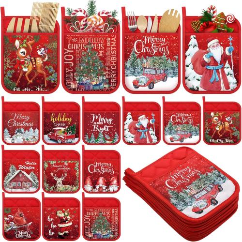 Roshtia 12 Pcs Christmas Pot Holders with Pocket Retro Xmas Farmhouse Pot Holders for Kitchen Winter Hot Pads Oven Mitts Cookie Bag Cute Heat Resistant Oven Gloves for Kitchen Gift Baking Cooking