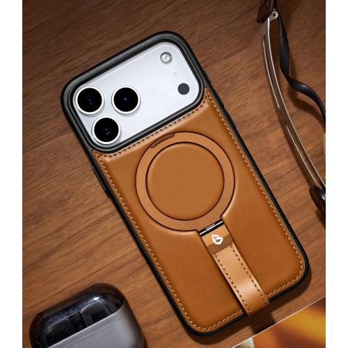Butaiga for iPhone 17 Pro Leather Case with Stand, Anti-Slip Grip Ring, Fits for MagSafe (Brown, iPhone 17 Pro)