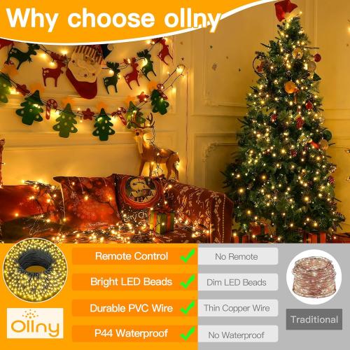 Ollny Christmas Lights 262FT 800LED, Plug-in Outside Tree Lights with Timer and 8 Modes, Remote Control Waterproof Dimmable Outdoor String Light for House Yard Patio Xmas Decorations(Warm White)