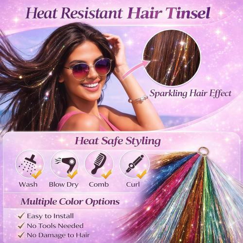 Hair Tinsel Kit with Tools 20 Colors 9000 Strands Fairy Hair Tinsel Heat Resistant Sparkling Shiny Tinsel Hair Extensions 48 Inch Colorful Hair Tinsel strands Kit (48 Inch 9000strands, 20Colors)
