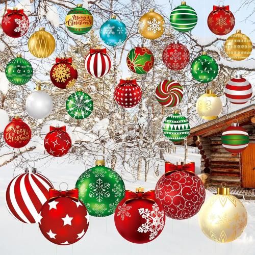 Huwena 30 Pcs Christmas Outdoor Hanging Decorations Snowflakes Candy Yard Signs Include 6 Plastic Yard Stakes 24 Double Sided Ornaments for Christmas Winter Holiday Garden Tree Decor (Ball)