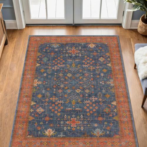 Large 3x5 Kitchen Rug Non Slip Machine Washable, Throw Rugs for Entryway Indoor, Floor Mat, Home Office Under Chair - Stain Resistant Non Skid Rubber Backing, Tribal Farmhouse Décor (3x5 Navy Blue)