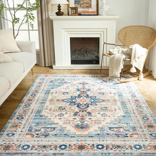 DriftAway Area Rug 5x7 Washable Rugs for Living Room Non Slip Rubber Backing Low Pile Non Shedding Carpet Friendly Boho Foldable Vintage Rugs for Bedroom Dining Room Beige Dark Blue Orange