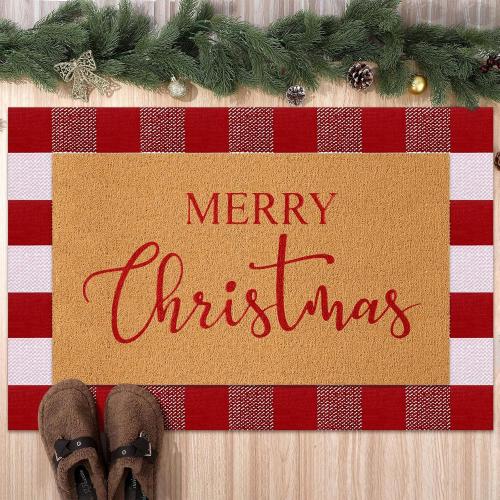 Duraaamo 2 Pcs Christmas Doormat Merry Christ Non Slip Outdoor Rug Xmas Welcome Layered Buffalo Floor Mats for Front Porch Entryway(Red White,Plaid)