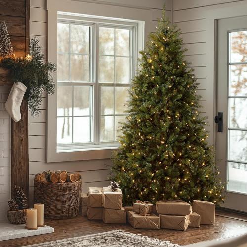 National Tree Company 9 ft Pre-Lit Dunhill Fir Artificial Christmas Tree, 900 LED Lights, 4,026 Tips, Foot Pedal, 10 Light Functions, Includes Stand, Green