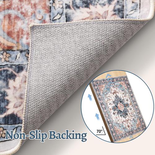 Blue/Beige Tangsoo Vintage Rug 2x3 Washable Rug for Entryway, Non Slip Small, Indoor Front Door, Print Distressed Blue/Beige Door Mat Carpet, Soft Low Pile Rugs for Entrance Kitchen Bedroom Bathroom