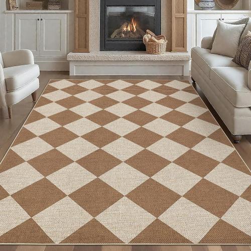 GarveeHome Checkered Easy Jute Area Rug 8x10 Machine Washable Non-Slip Stain Resistant Indoor Outdoor Rugs for Living Room, Bedroom, Kitchen, Dining, Patio Farmhouse Style Brown