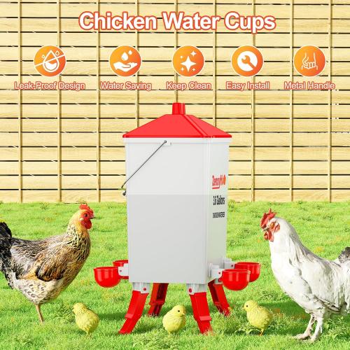 ZenxyHoC 3.6 Gal Chicken Waterer with Anti-Roost Cone, 3 Height Adjustable Locking Legs and 4 Automatic Water Cups for Backyard Flock