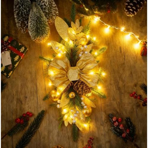 2025 Cordless Christmas Swags Artificial Stairs Christmas Garland with Prelit Teardrop Swag and 30 Lights Rustic Christmas Swag for Front Door Wall Window Stair Home Decor (Gold with Pinecone)