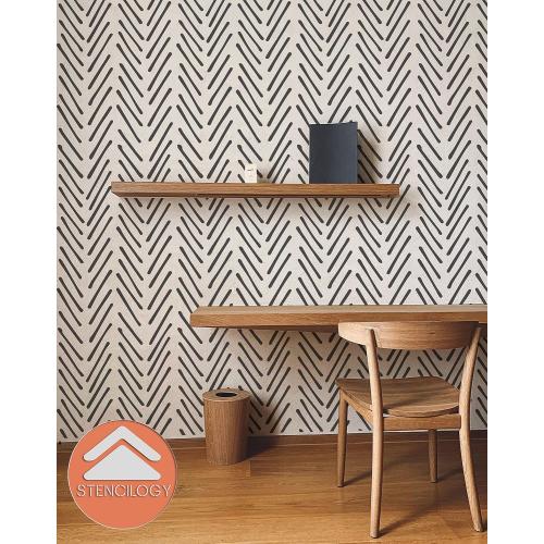 Size 24x 36  Color White / Volga - 24 x 36 XL Wall Stencil, Herringbone Hand Drawn, Large Allover Wall Stencils for Painting, Stencils for Walls, Minimal Stencil Pattern