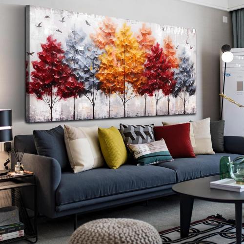 ENTANUB Birch Tree Wall Art for Living Room, Colorful Canvas Wall Picture for Bedroom, Forest Print Painting Decor, Large Size (Littles scratch)