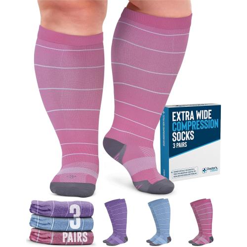 Doctor's Select 3 Pairs Plus Size Compression Socks Wide Calf - Up to 6XL | 20-30 mmHg Compression Socks for Women Wide Calf | Blue, Pink, Purple (Stripes)