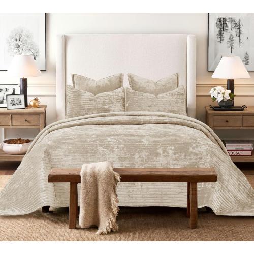 Quilt Set Oversized King Size 120x120 Luxurious Velvet Bedding Sets with 2 Pillow Shams 20x36 3 Pieces Ultra Soft Quilted Striped Bedspread Coverlet Comforter for All Season,Beige | for sensitive skin