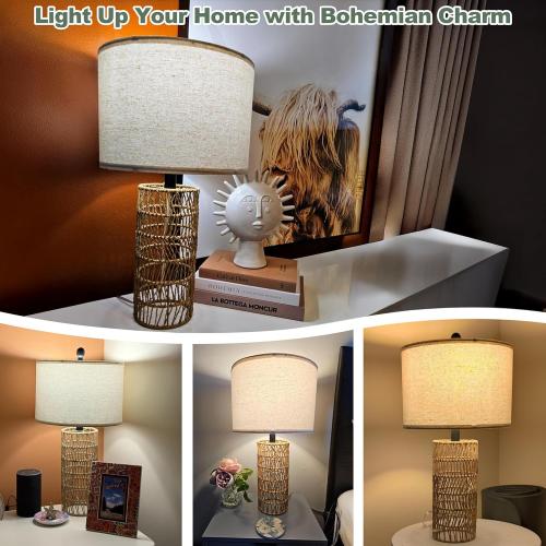 OYEARS 22.5 Boho Table Lamps Set of 2 for Living Room, Bedside Lamp for Nightstands, Rattan Lamp for Bedroom, Farmhouse Table Lamp for Room Decor, End Table, Retro, Brown（Not Include Bulbs）