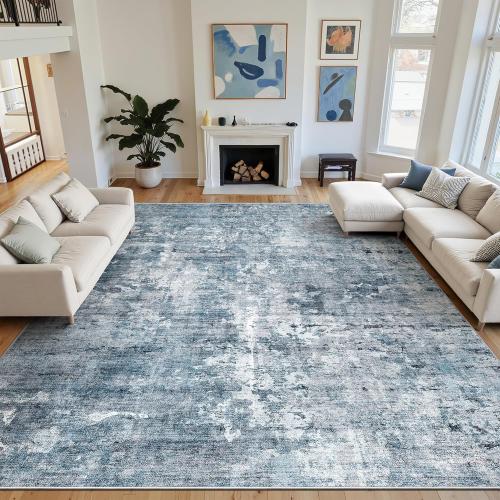 10x14 Area Rugs for Living Room, Non Slip Machine Washable Vintage Rugs, Low Pile Lightweight Large Rug for Bedroom, Dining Room, Home Office Blue