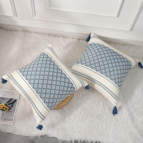 PANOD Set of 2 Boho Cotton Knitted Decorative Throw Pillow Covers with Tassel Blue and White,Modern Accent Classical Farmhouse Jacquard Squard Pillow Cover Cushion Case for Sofa Couch,18X18