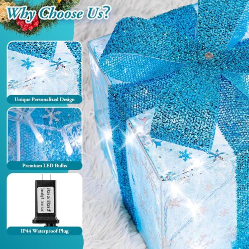 Set of 3 Christmas Lighted Gift Boxes, Indoor Christmas Decor with 60 LED Cool White Mini String Lights, Present Boxes with Bows and Snowflake Design for Xmas Tree Holiday Home Mantel Decor
