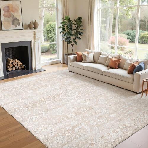 Size 8x10 Color White Area Rugs for Living Room, Stain Resistant Washable Rugs for Dining Room, Kitchen, Floral Vintage Non-Slip Thin Large Beige Rug