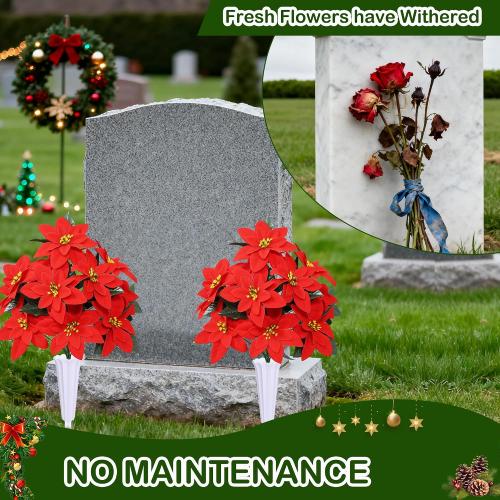 Lodou Christmas Artificial Cemetery Flowers for Grave,Outdoor Grave Decorations,Beautiful Arrangements Bouquet with Cemetery Vase (Red)