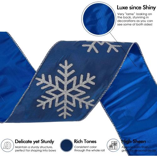 MEEDEE 4 Inch Navy Blue Snowflake Ribbon Navy Satin Wired Christmas Tree Ribbons with Silver Glitter Snowflake 10 Yards Blue and Silver Ribbon for Holiday Crafts, Garlands, Large Tree Topper Bow