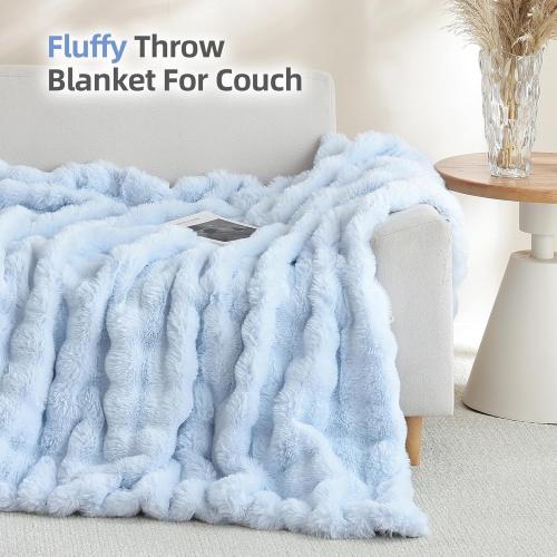 Smoofy Faux Fur Throw Blanket for Couch Rabbit Fleece - Light Blue Fluffy Blanket for Sofa Bedroom Living Room, Cozy Soft Plush Luxury Thick Winter Fuzzy Comfy Bubble Blanket - 60 x 80