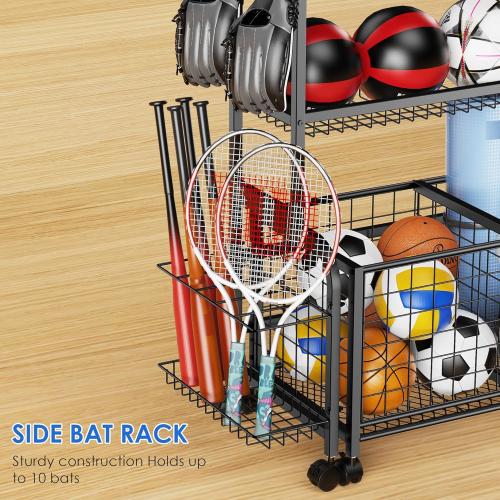 Garage Ball Storage, 2 in 1 Sports Equipment Organizer, Garage Organizer with Basket and Hooks, Individually Movable Rolling Sports Ball Organizer Cart, Black