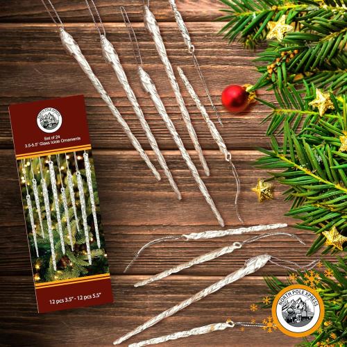 Twisted Clear Glass Icicle Christmas Ornaments for Christmas Trees - Set of 24 Icicles Christmas Tree Decorations - Christmas Tree Ornaments Crystal