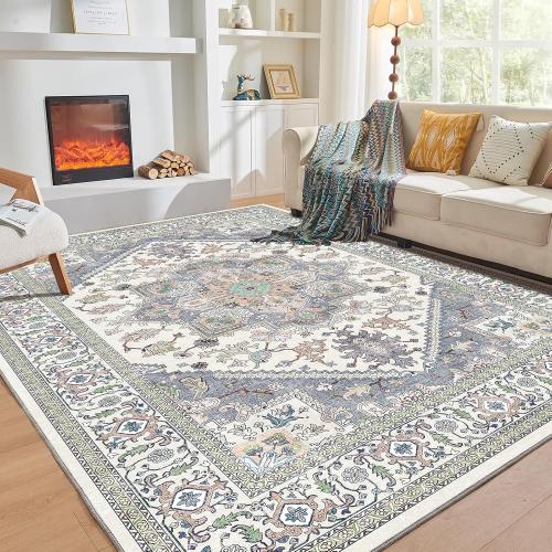 OPPODREAM Soft Area Rugs 9x12 Washable Rug with Non Slip Backing,  Faux Cashmere Low-Pile Carpet, Purple & Green & Cream