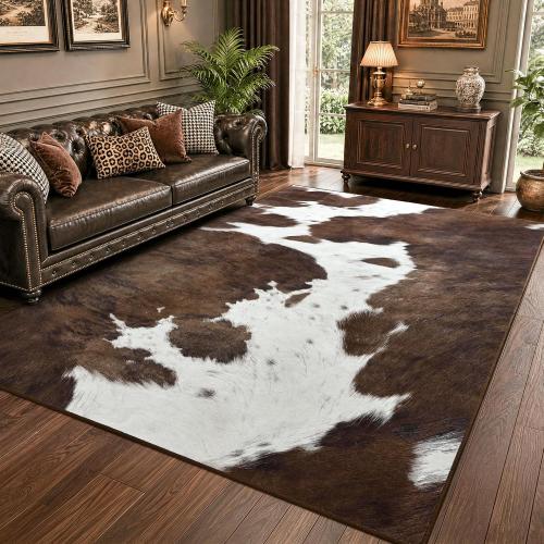 Foxmas Cow Print Rugs for Living Room Bedroom, 8x10 Washable Non-Slip Low Pile Indoor Floor Rug, Carpet for Dining Room Kitchen Office Western Home Decor, Brown