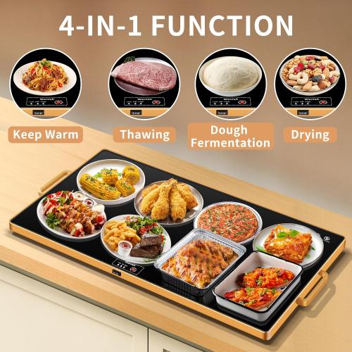 Electric Warming Tray（XXL 32”x18”），Food Warmer with Thermostat and Full Surface Heating，Food Warming Mat with 2 Temperature Modes for Parties Buffet，Gatherings，Gold Edge Handles Warming Mat for Food