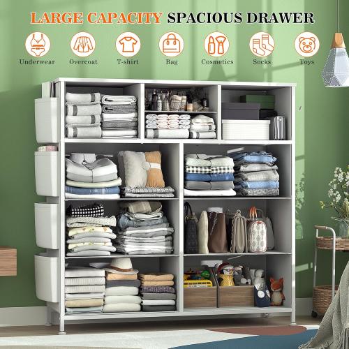 Lulive White Dresser for Bedroom with 10 Drawers, Chest of Drawers with Side Pockets and Hooks, PU Storage Dresser, Organizer Unit for Living Room, Hallway, Closet (White)