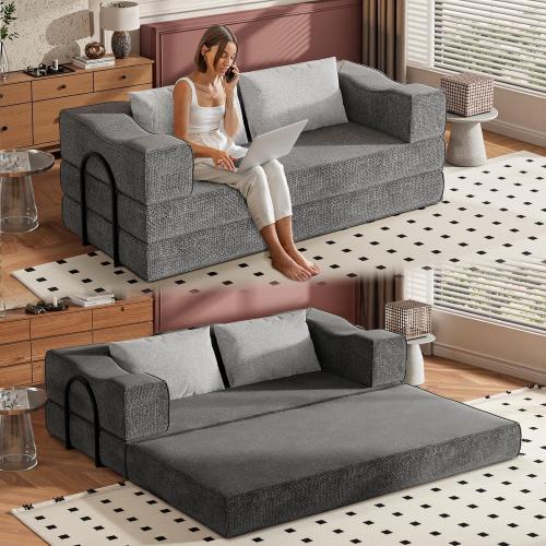 80 King Size Convertible Sofa Bed Sleeper, Foldable Futon Couch with Memory Foam & 2 Pillows, Chenille Fabric Modular Loveseat for Small Spaces, Apartment, Living Room, Studio (Gray, 80in)