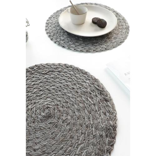 Floroom 15 Inch Round Braided Placemats Set of 4, Washable Heat Resistant Cotton Polyester Circle Boho Place Mats for Kitchen Dining Table - Mist Grey