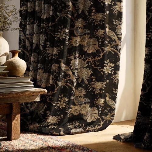 RYB HOME Brown Velvet Curtains Large, Printed Floral Bird Vintage Design Home Decoration Thermal Insulated Room Darkening Drapes for Bedroom Living Room, , 2 Panels