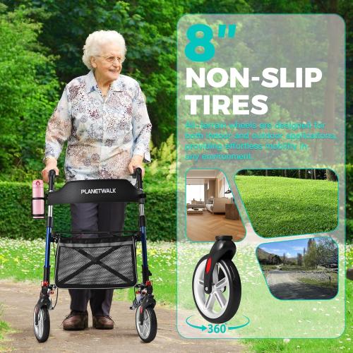 Double Folding Rollator Walker for Seniors - Lightweight Aluminum Frame with 300 lb Capacity, 8 All-Terrain Wheels, 6-Level Adjustable Height Rolling Walker with Travel Bag - Blue