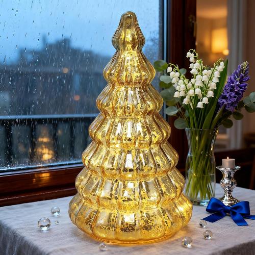 Christmas Decor lamp,Mercury Glass Christmas Tree Lights with Timer,Lighted Glass Tabletop Christmas Tree, Battery Operated Night Lights for Christmas, New Year Ceremony Decoration H: 8.2 (Gold)