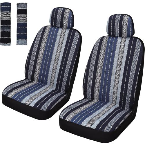 Pariitadin Baja Saddle Blanket Car Seat Covers Front Set with Seat Belt Pads, Washable Breathable Striped Woven Cloth Seat Covers for Cars, Universal Fit Most Cars, Airbag Compatible, Blue