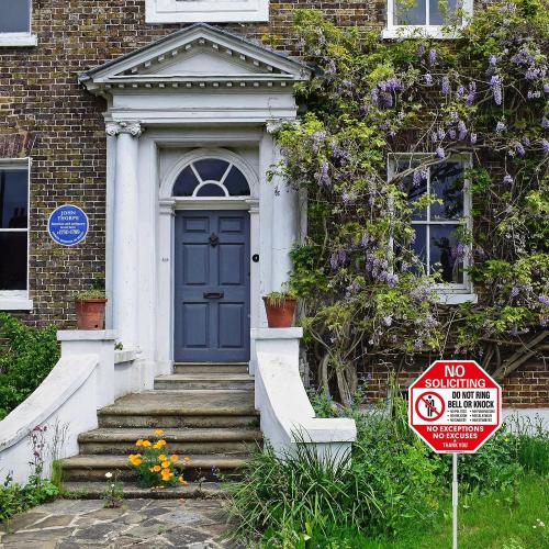 No Soliciting Sign for House With Stake - 12W x 36H Aluminum Do Not Ring Bell or Knock Sign - No Exceptions for Yard, Easy Install, Weather Resistant