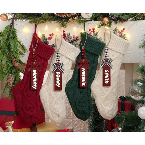 6Pack Personalized Christmas Stockings with Wooden Name Tags, 18 inches Xmas Cable Knitted Stocking for Holiday, Hanging Decoration Gifts for Family Party(White&Red&Green)