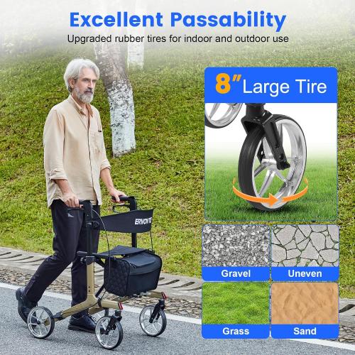 Walkers for Seniors with Seat, Foldable Rollator Walker, Reinforced Aluminum Frame, 8 Big Wheels for Indoor & Outdoor All Terrain Use, Height Adjustable Lightweight Rollator Walker with Seat