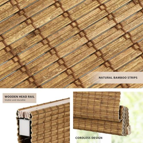 LazBlinds No Tools No Drill Cordless Bamboo Roman Shades, Light Filtering Window Treatment, Roll Up Bamboo Blinds for Windows 25'' W x 48'' H, Eastfield Teak