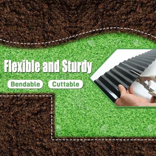 Quibbay Metal Corrugated Garden Edging,  Landscape Edging for DIY Flower Beds, Flexible Bender Border for Lawn, Garden and Yard, Sturdy Galvanized Garden Edging, Black