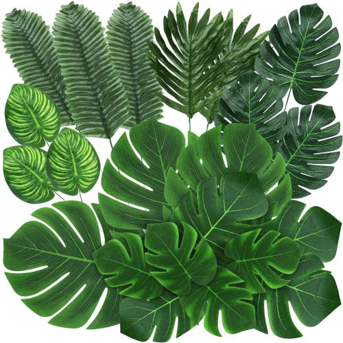 QUANQIUFEI 74 Pcs 7 Kinds Artificial Palm Leaves Tropical Fake Leaves, Monstera Leaf for Safari Jungle Hawaiian Dinosaur Luau Party Table Decoration Wedding Birthday Theme Party